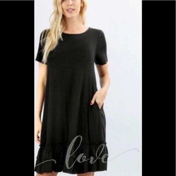 Black Mini Dress With Bottom Ruffle and Pockets, L - Picture 1 of 3